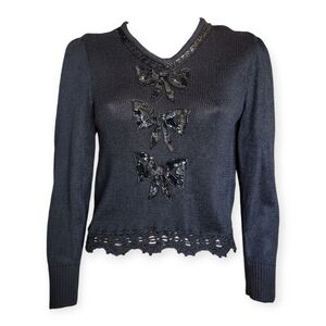 NWT Vintage Sweater Sequins Bows Crochet Trim XS Black Festive Soft Goth